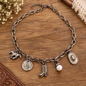 Western Cowboy Charm Necklace Copper Tone Horse Boot Hat Pearl Chain